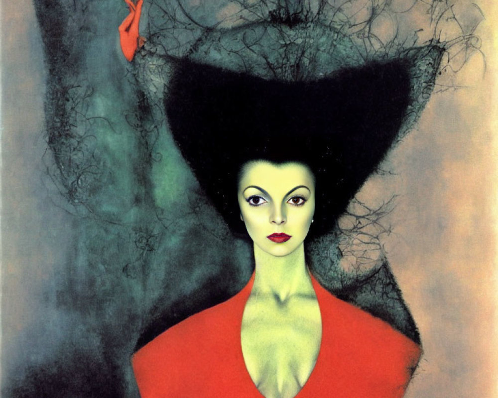 Surreal portrait of woman with large black hairdo and red garment on greenish background