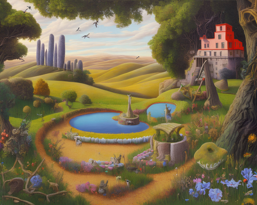 Fantasy landscape with hills, pond, sundial, house, flora, fauna, birds