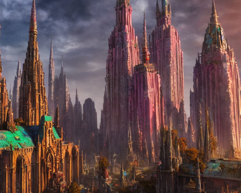 Gothic architecture cityscape with towering spires in warm light