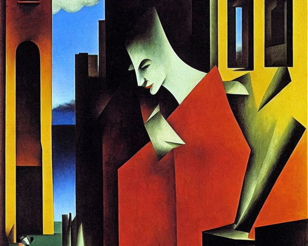 Cubist-style Painting of Woman in Red with Abstract Geometric Shapes