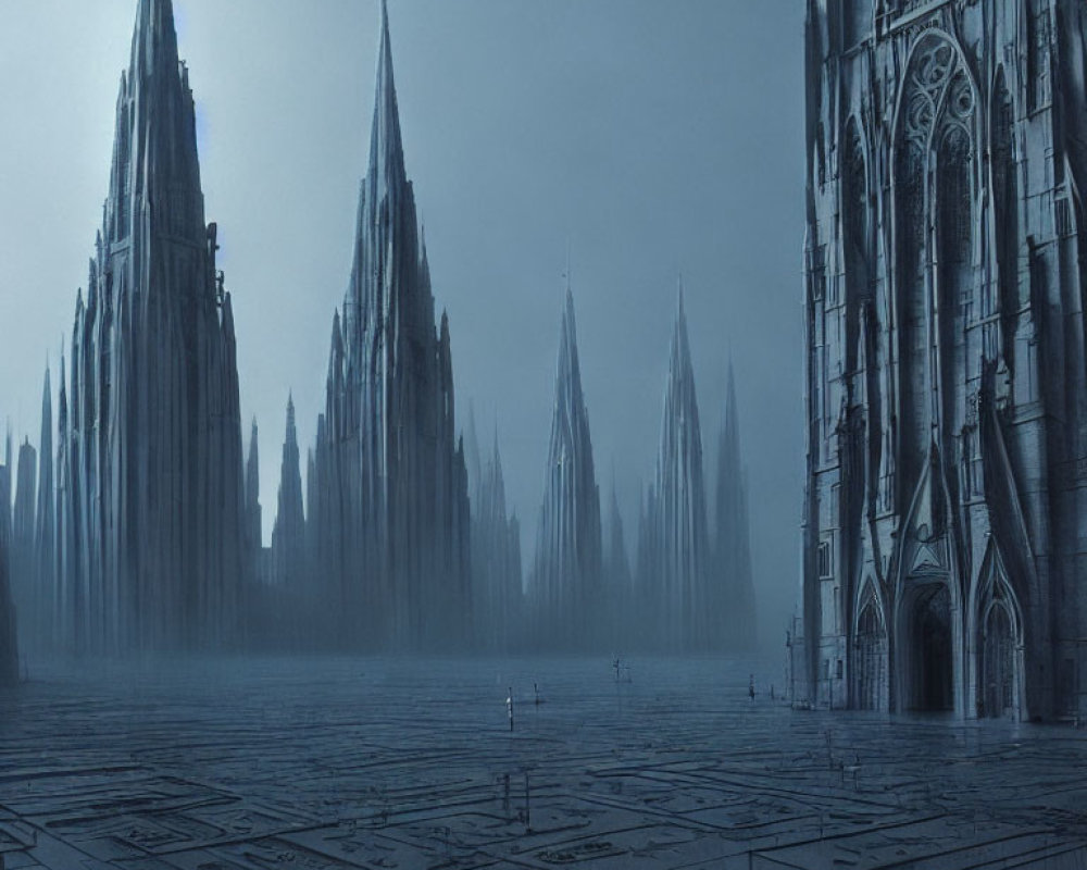 Monochrome Gothic cityscape with towering cathedrals and spires