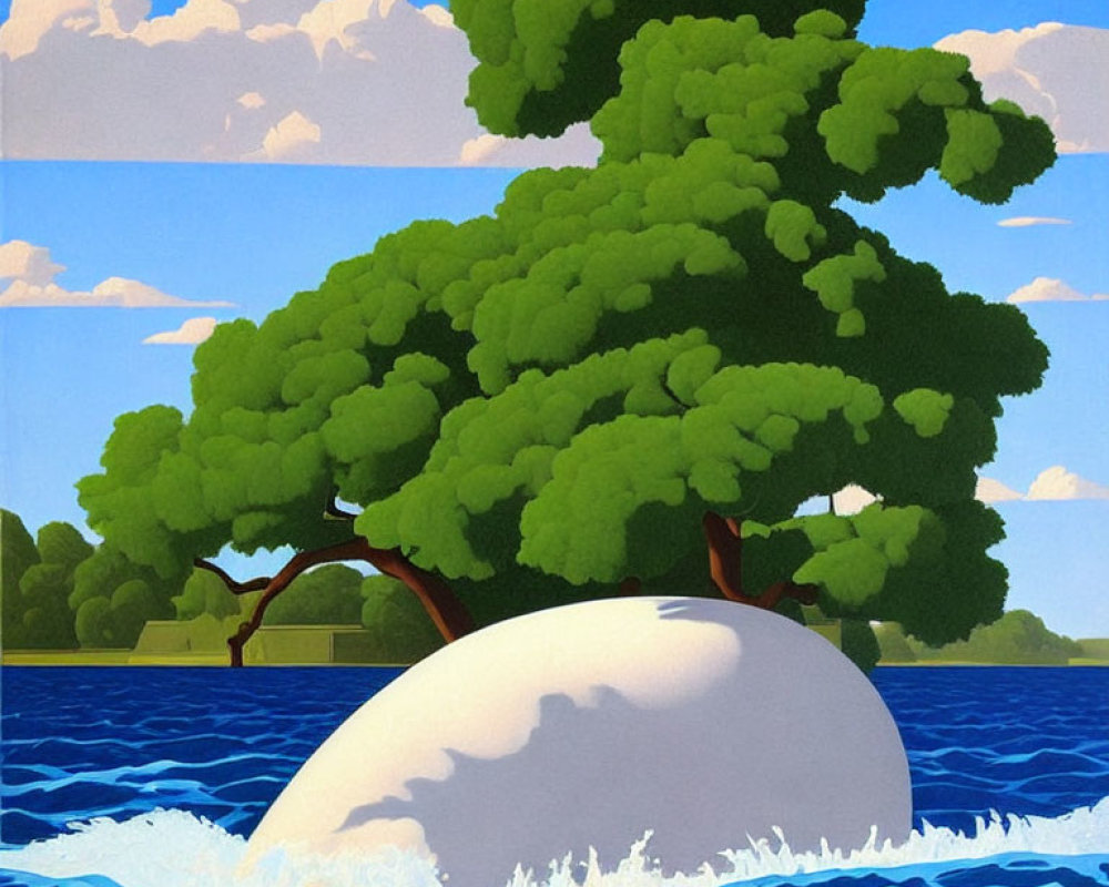 Stylized painting of lush green tree on white boulder by blue water