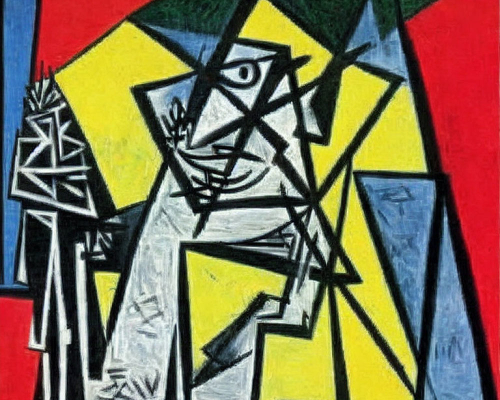 Geometric Cubist painting in yellow, green, and white on red and blue background