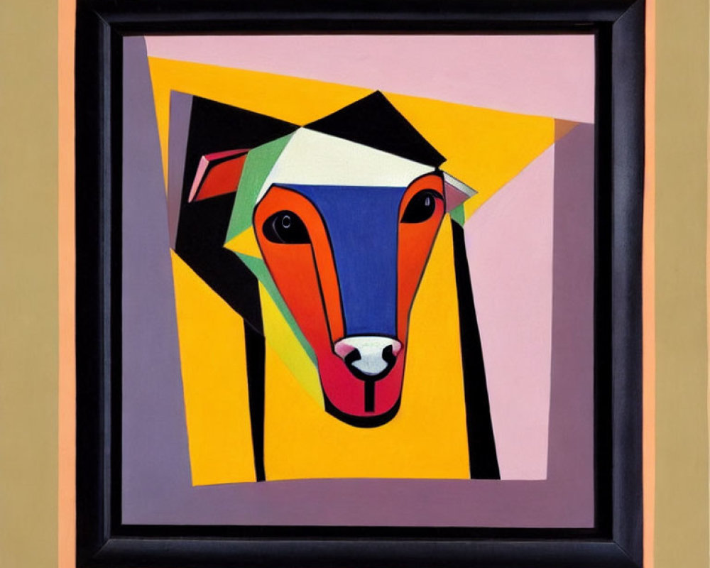 Colorful Geometric Abstract Dog Face Painting in Black Frame