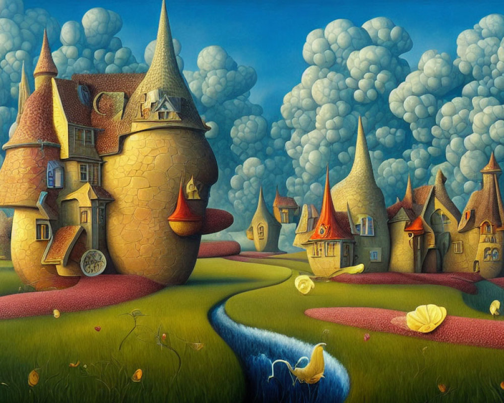 Colorful painting of whimsical houses with facial features on rolling hills and vibrant sky