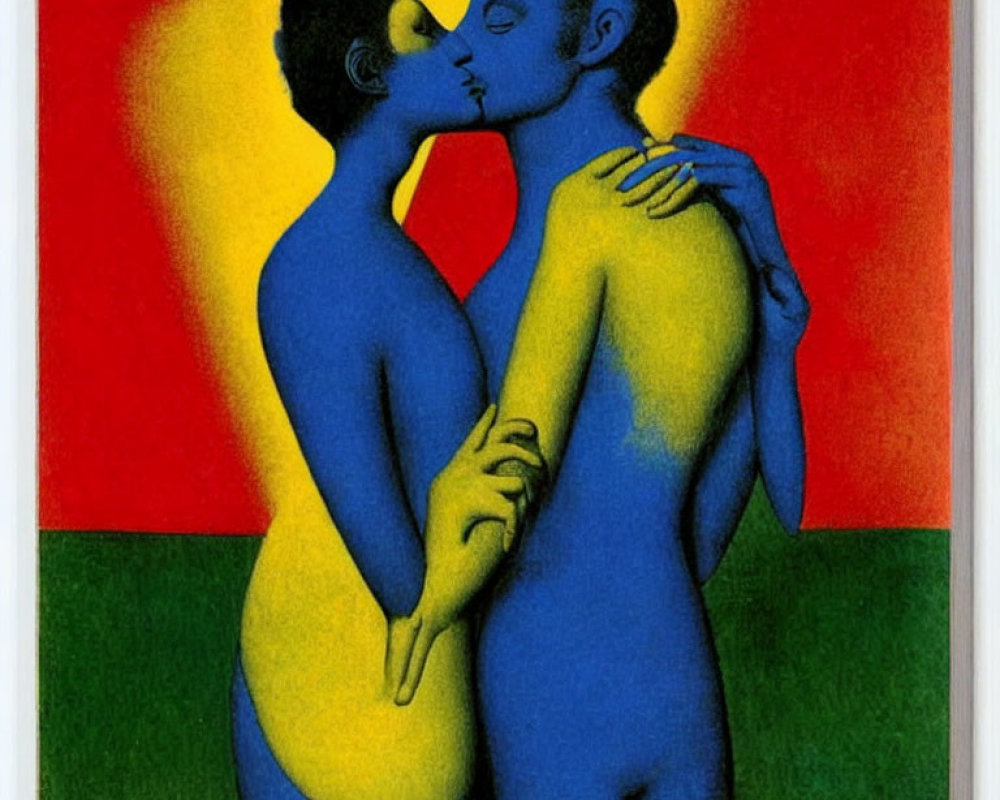 Stylized figures in blue and yellow kissing on vibrant red background