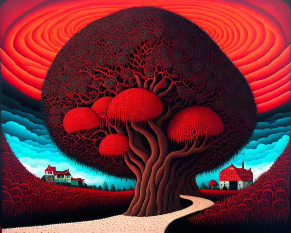 Surreal painting of massive tree, village path, and red sky