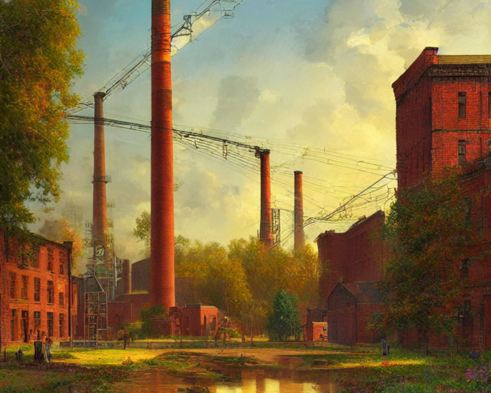 Rustic Industrial Scene with Red-Brick Buildings and Pond