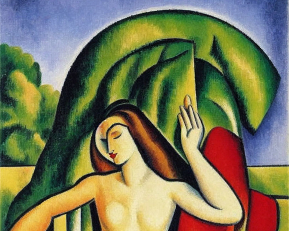 Vibrant Cubist Nude Painting with Green Foliage Backdrop