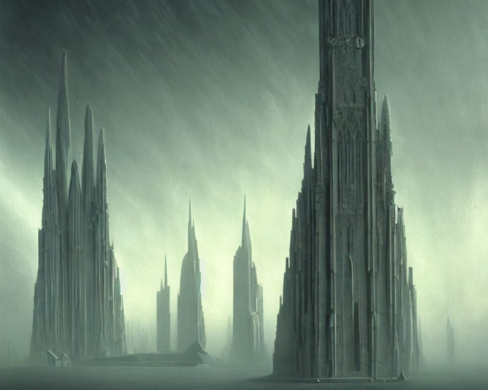 Dark, moody landscape with spire-like structures in rainstorm