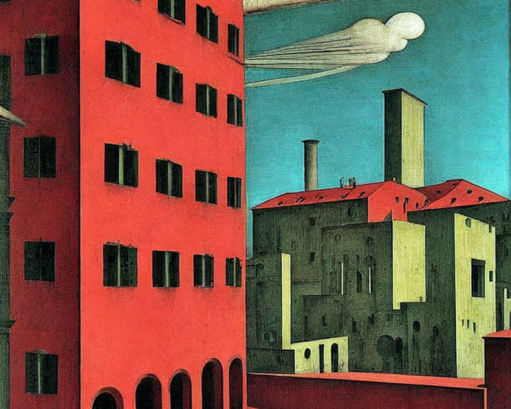 Surrealist painting of red and gray buildings with stylized clouds