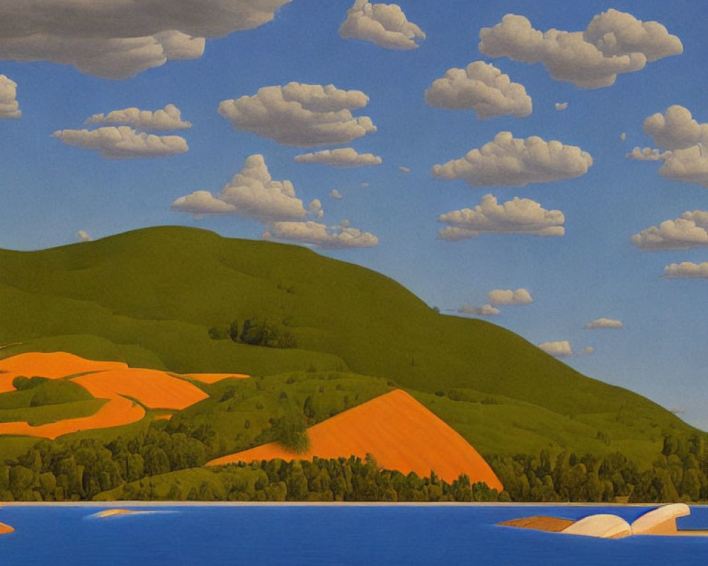 Stylized landscape with green hills, orange patches, blue lake & fluffy clouds