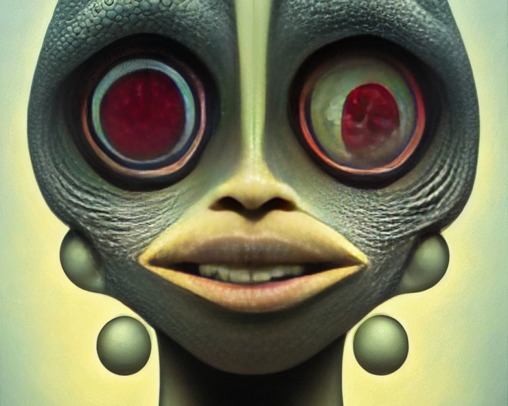 Surreal portrait of creature with red eyes and greenish skin