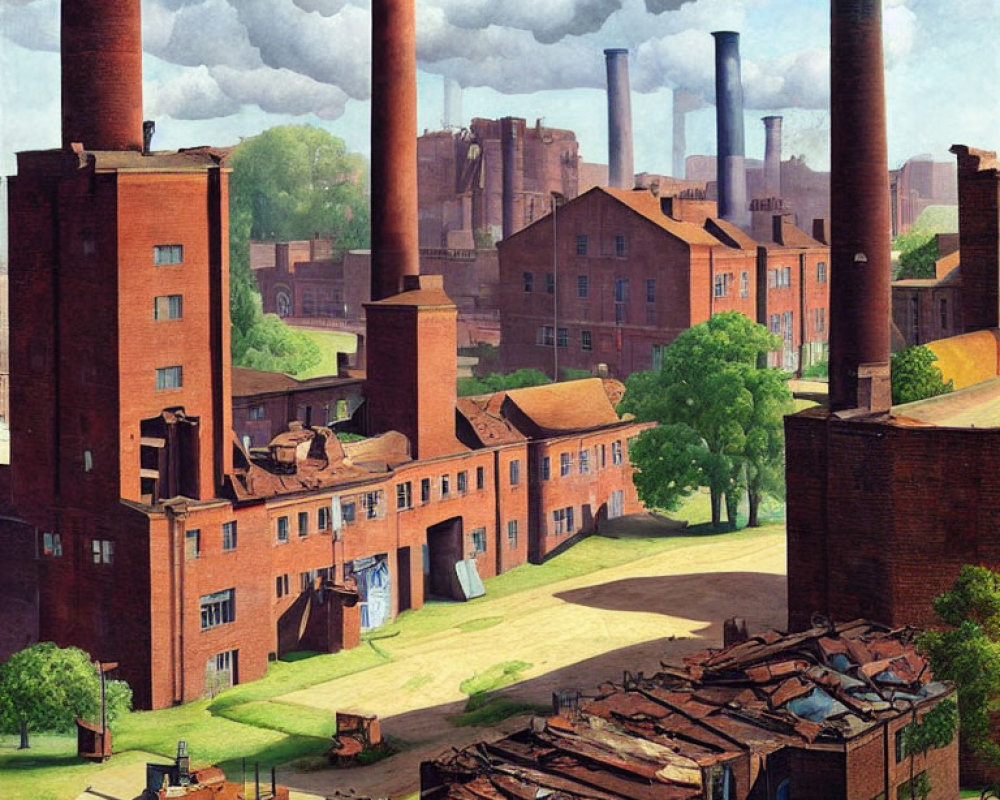 Industrial complex with brick buildings and smokestacks in green landscape.