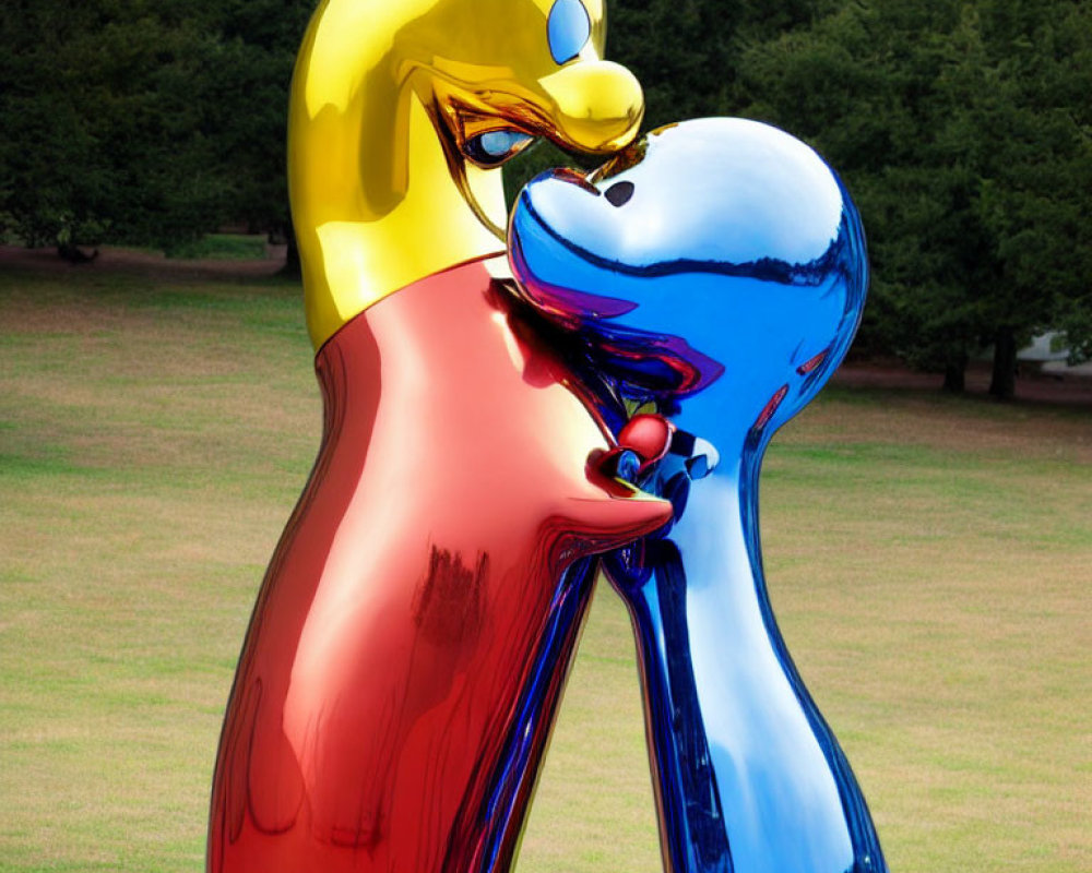 Abstract Red and Blue Sculptures Kissing on Grass Background