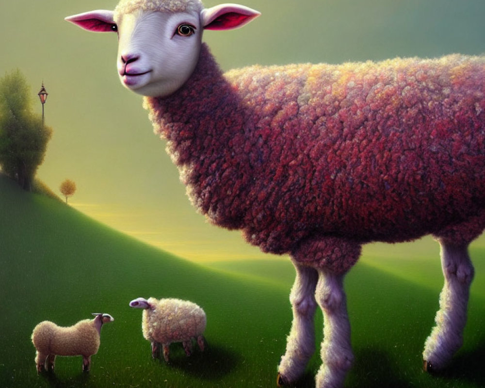 Surreal painting featuring giant sheep in grassy landscape