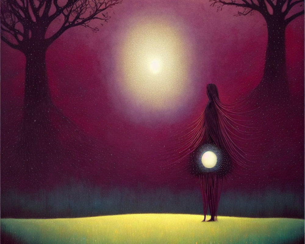 Stylized illustration of figure with long hair holding glowing orb in mystical forest under oversized moon