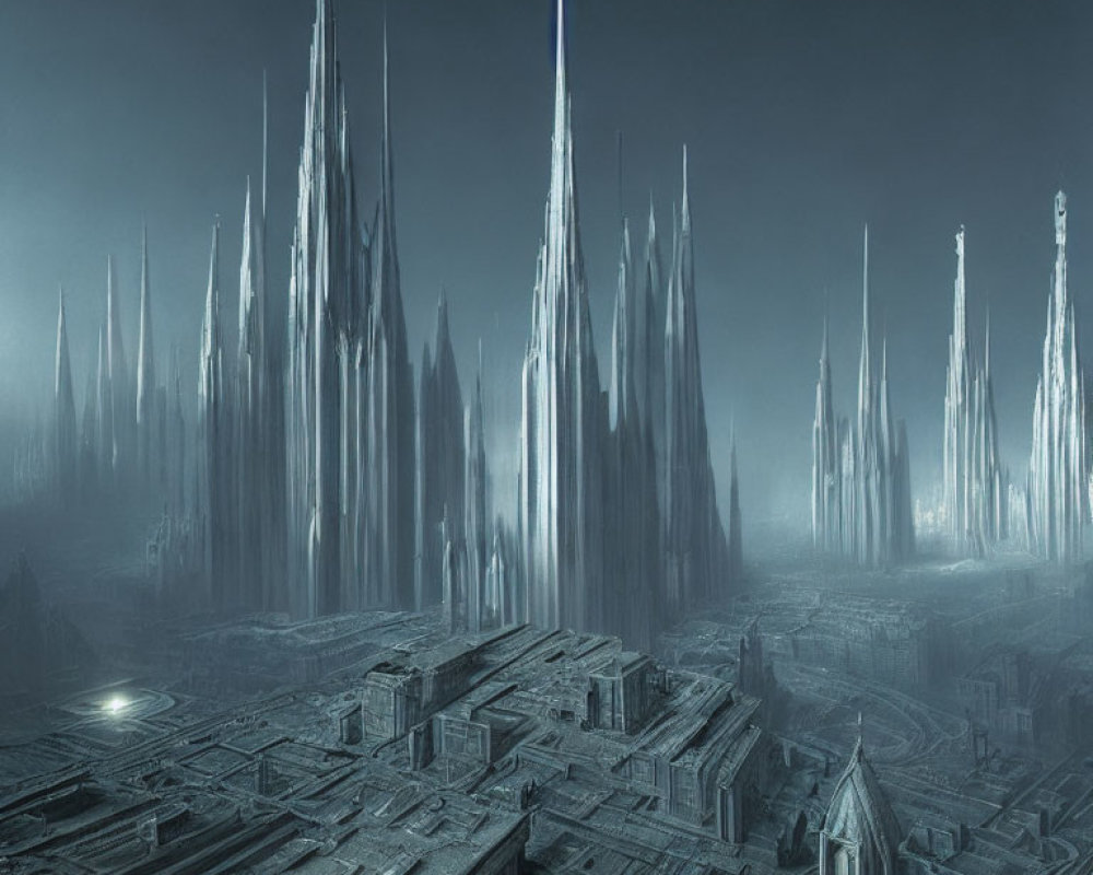 Futuristic cityscape with tall spire-like skyscrapers in blue haze