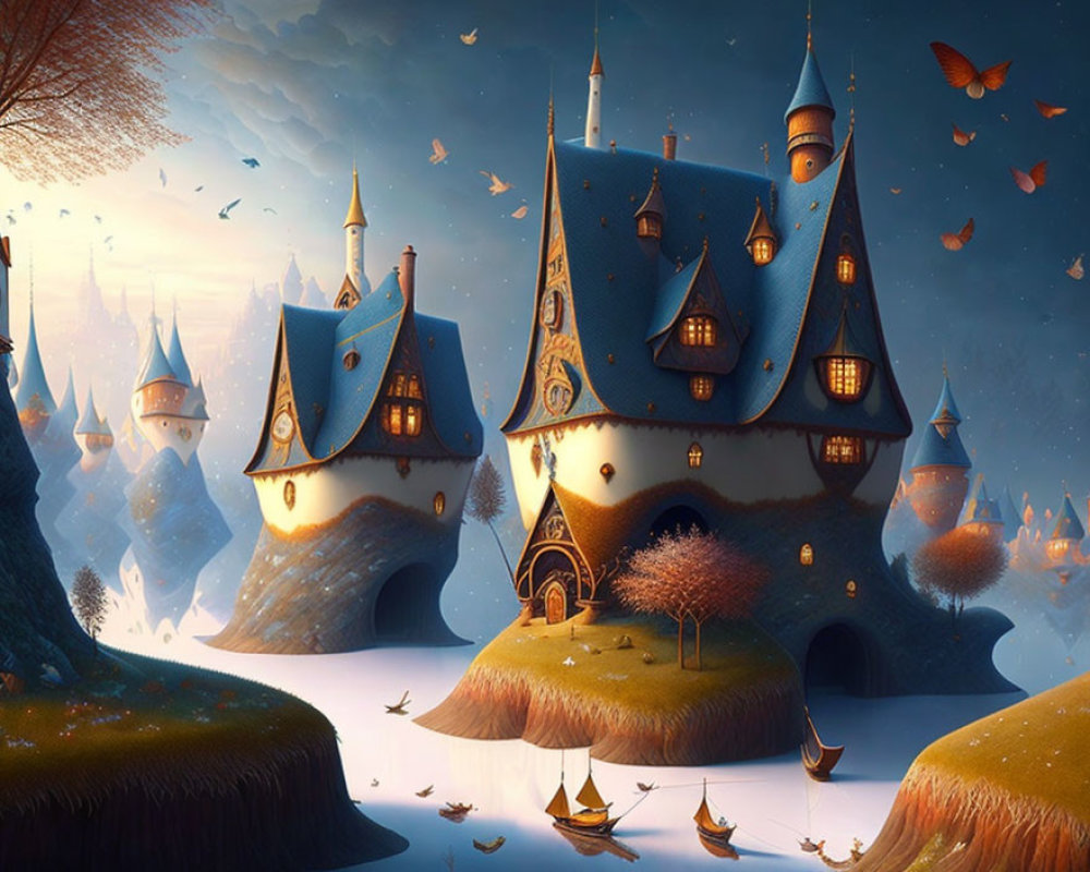 Whimsical Fantasy Landscape with Castles, Islands, Boats, and Butterflies