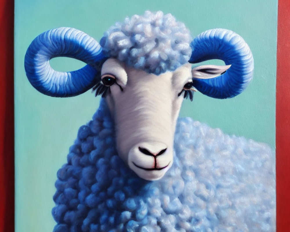 Vibrant painting of blue-horned sheep on red and green backdrop