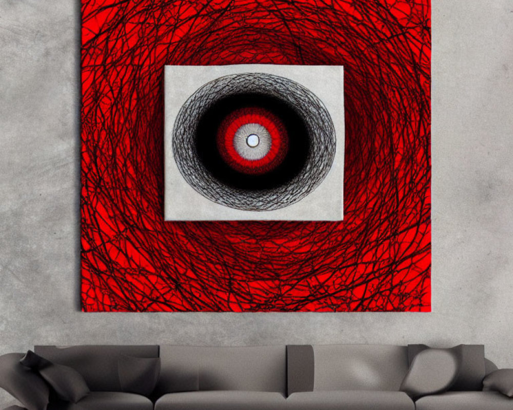 Abstract concentric circles art above gray sofa on concrete wall