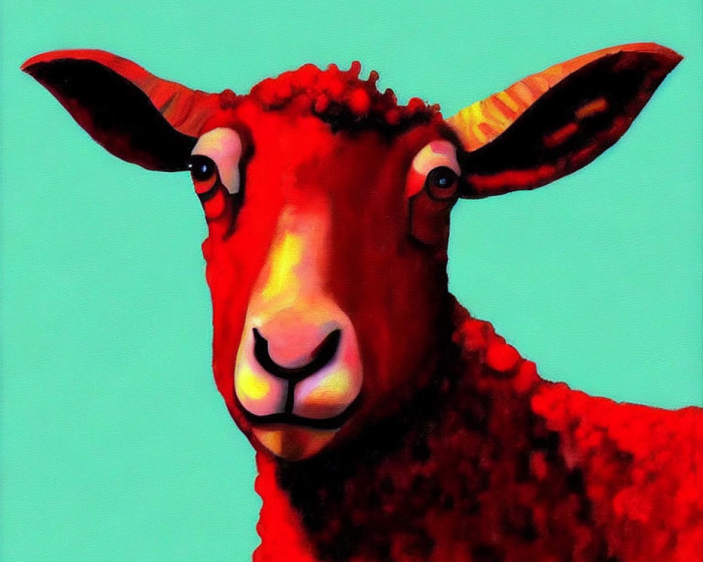 Stylized red sheep portrait on turquoise background