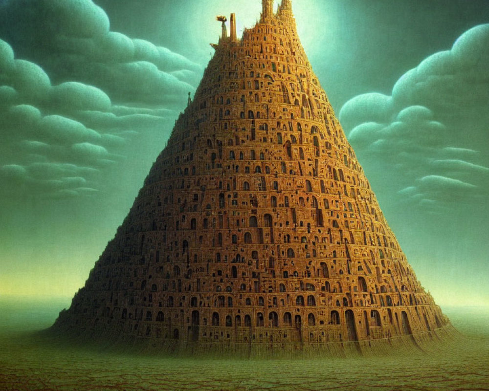 Dramatic Tower of Babel with many windows under mystical sky