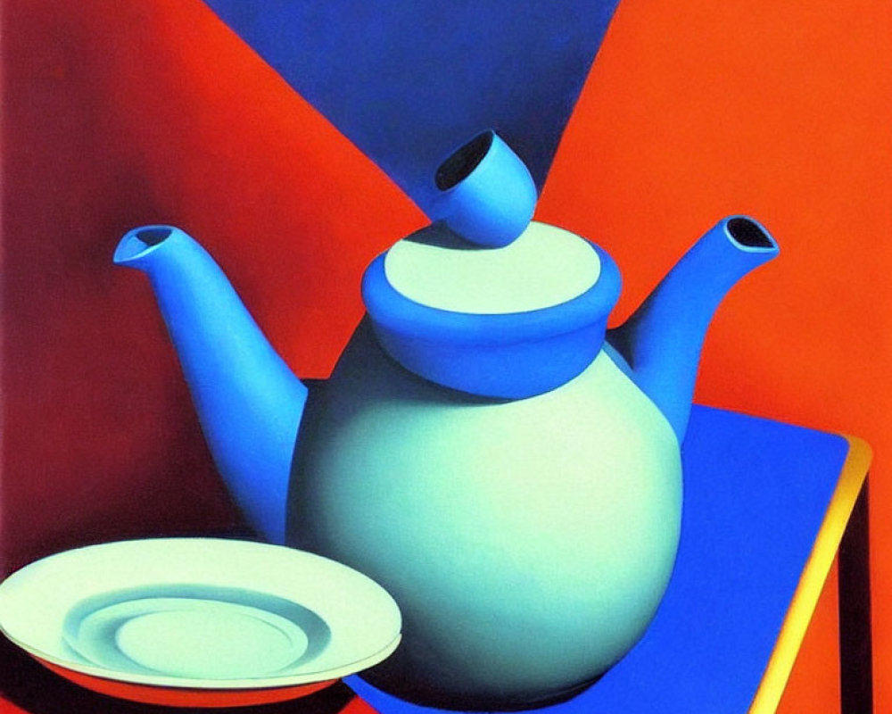 Abstract painting of blue teapot and plate with bold geometric shapes