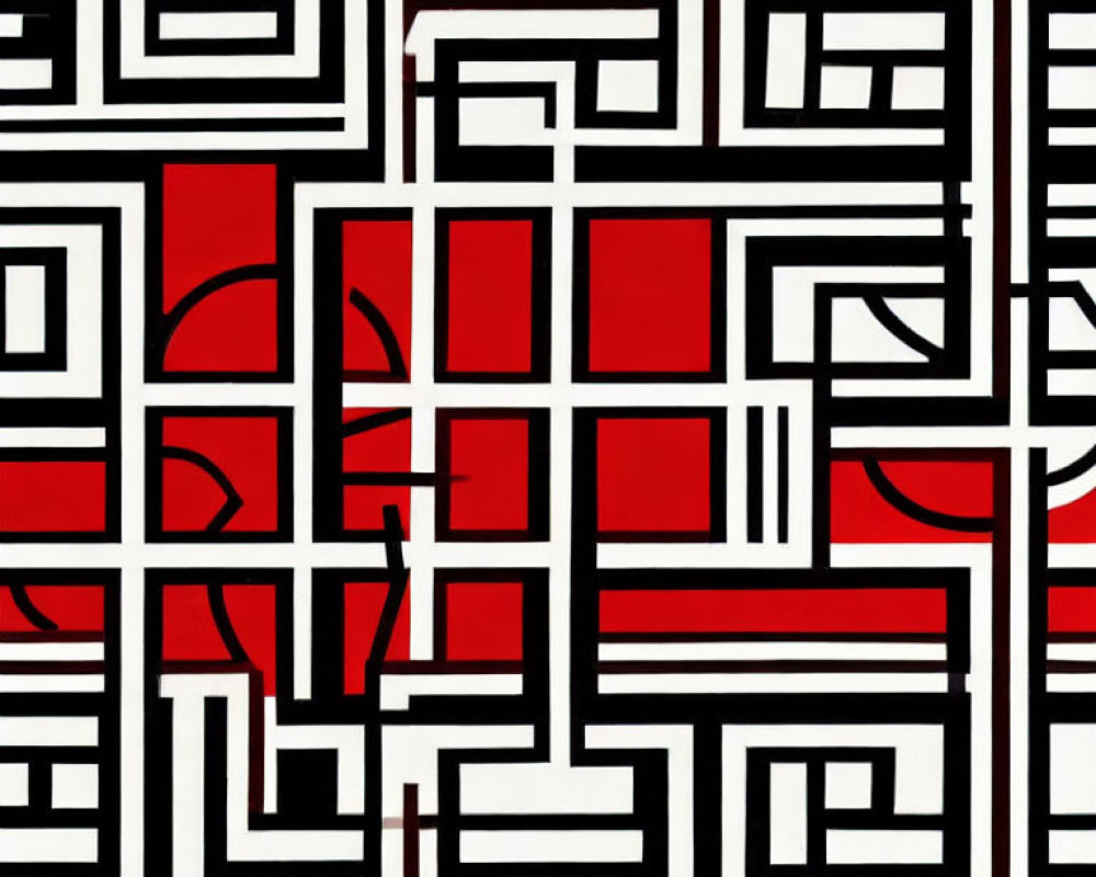 Abstract Black, White, and Red Geometric Maze Pattern