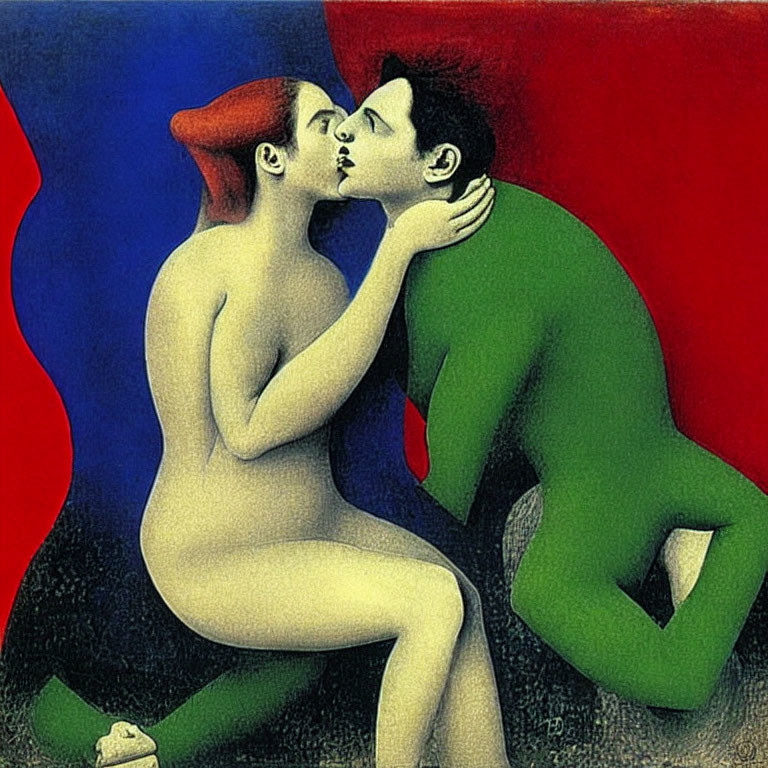 Stylized painting of naked woman and man kissing in red and blue setting