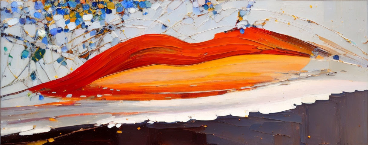 Abstract Painting: Vibrant Orange Streak Surrounded by Textured White, Blue, and Yellow