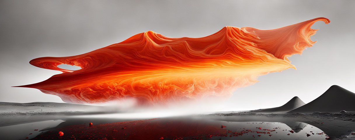 Orange Wavelike Structure Over Misty Landscape with Dark Mounds