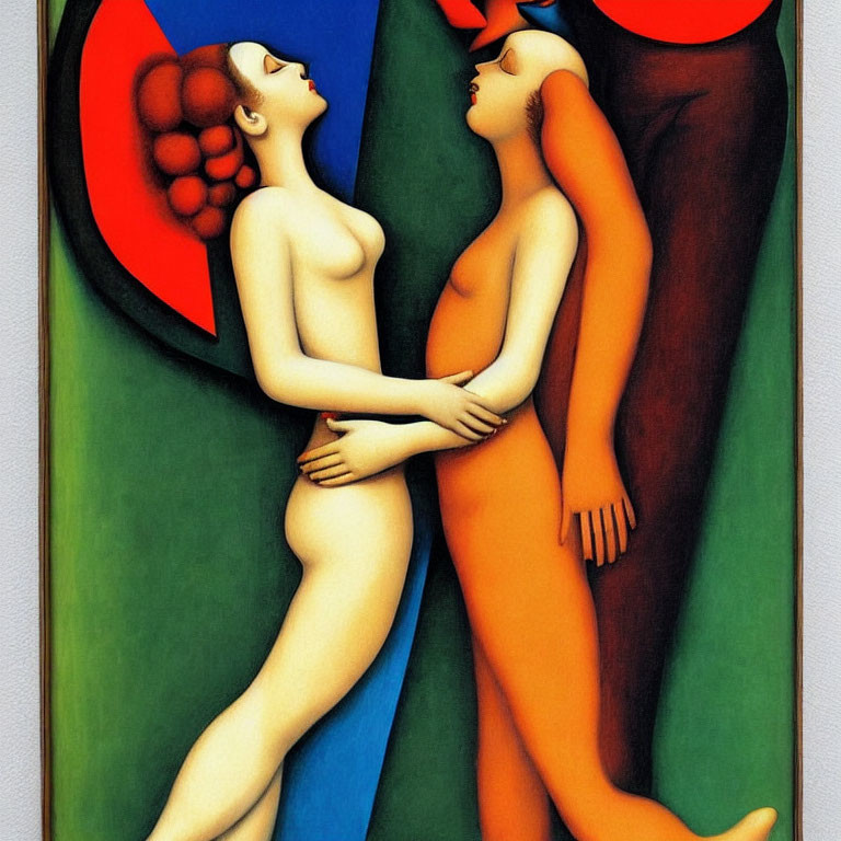 Modernist Stylized Nude Figures Embracing in Vibrant Colors