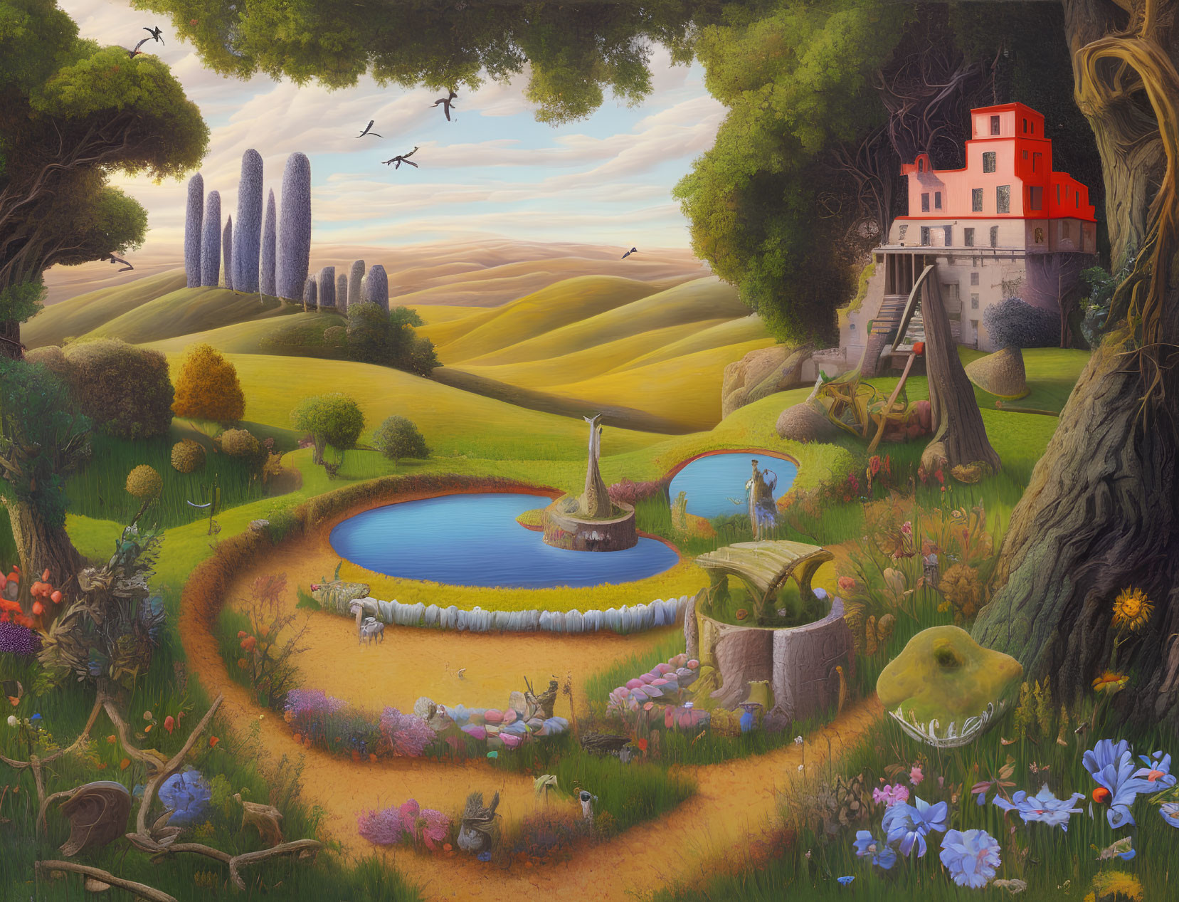 Fantasy landscape with hills, pond, sundial, house, flora, fauna, birds