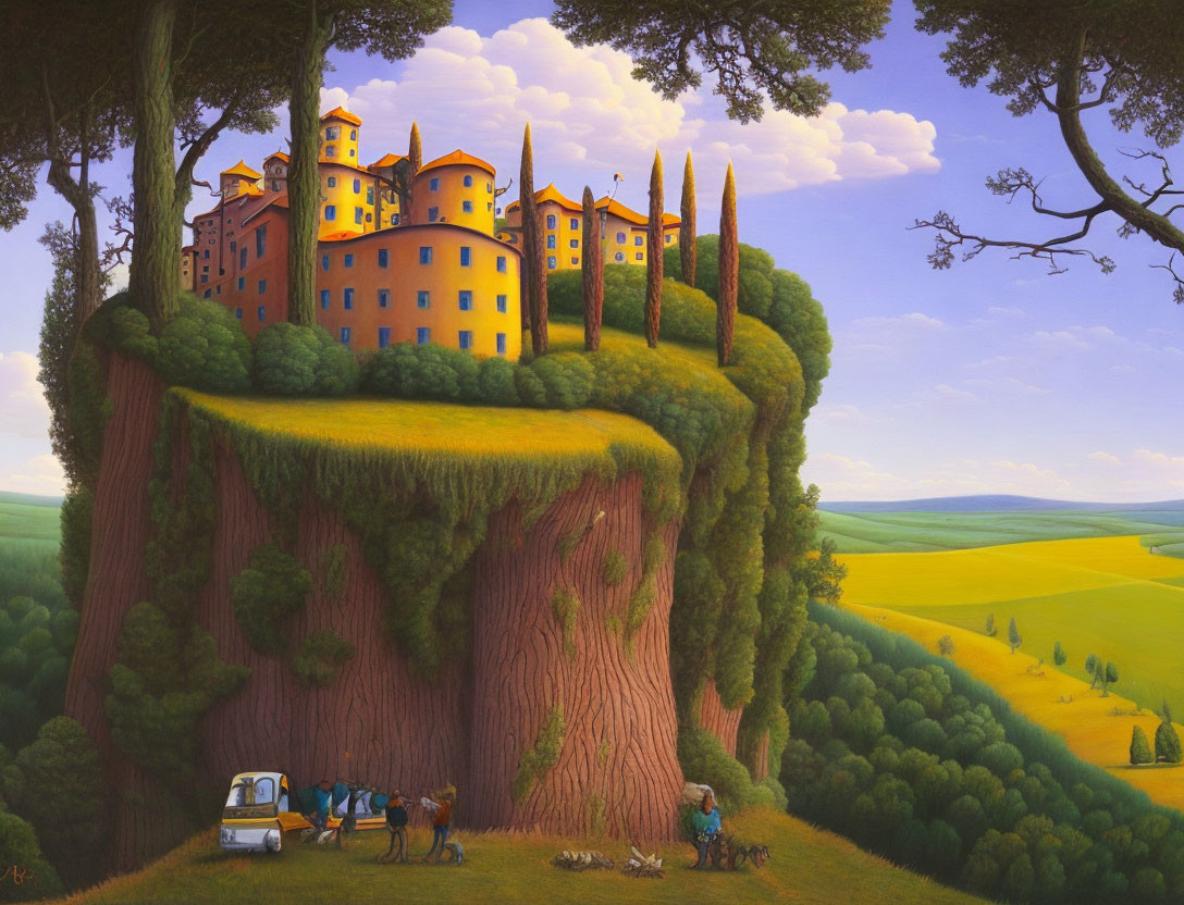 Colorful oversized tree painting with village and lush landscape - people and van included