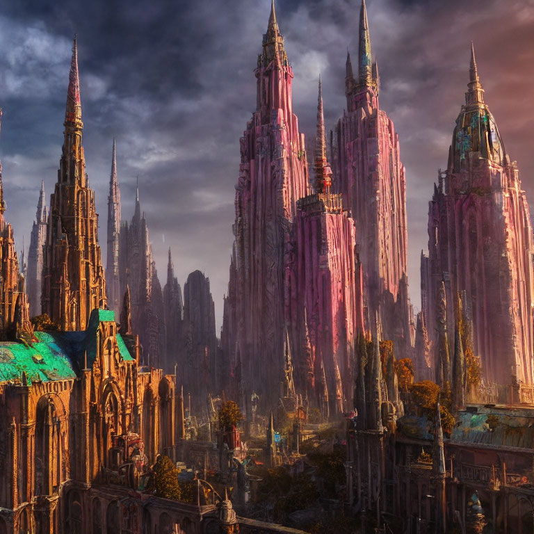 Gothic architecture cityscape with towering spires in warm light