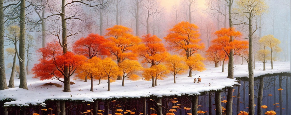 Vibrant orange trees in snowy winter landscape