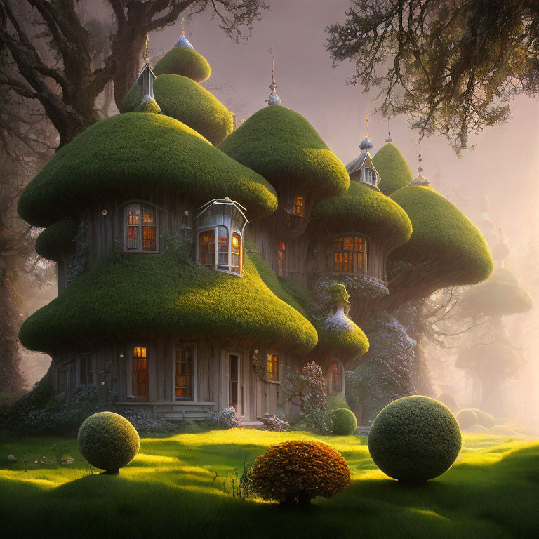 Whimsical house with moss-covered roofs in mystical forest