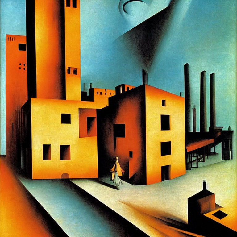 Geometric urban landscape with stylized buildings and solitary figure