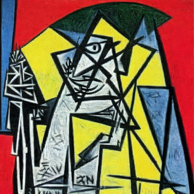 Geometric Cubist painting in yellow, green, and white on red and blue background