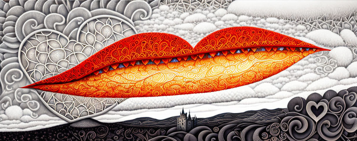 Detailed orange lips art on grayscale background with swirls, hearts, and castle.