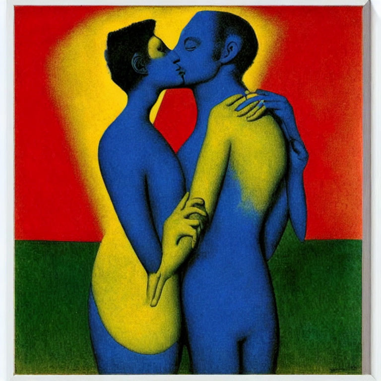 Stylized figures in blue and yellow kissing on vibrant red background