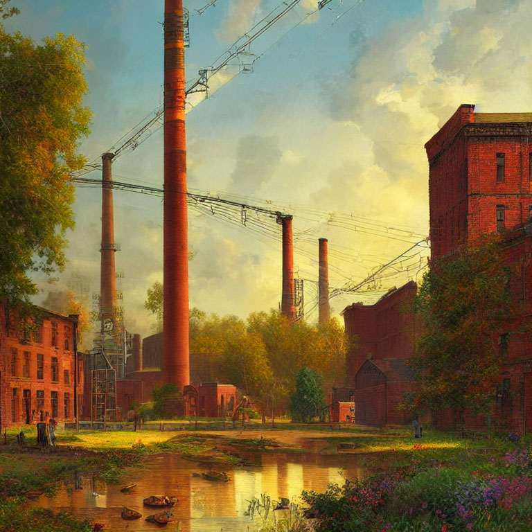 Rustic Industrial Scene with Red-Brick Buildings and Pond