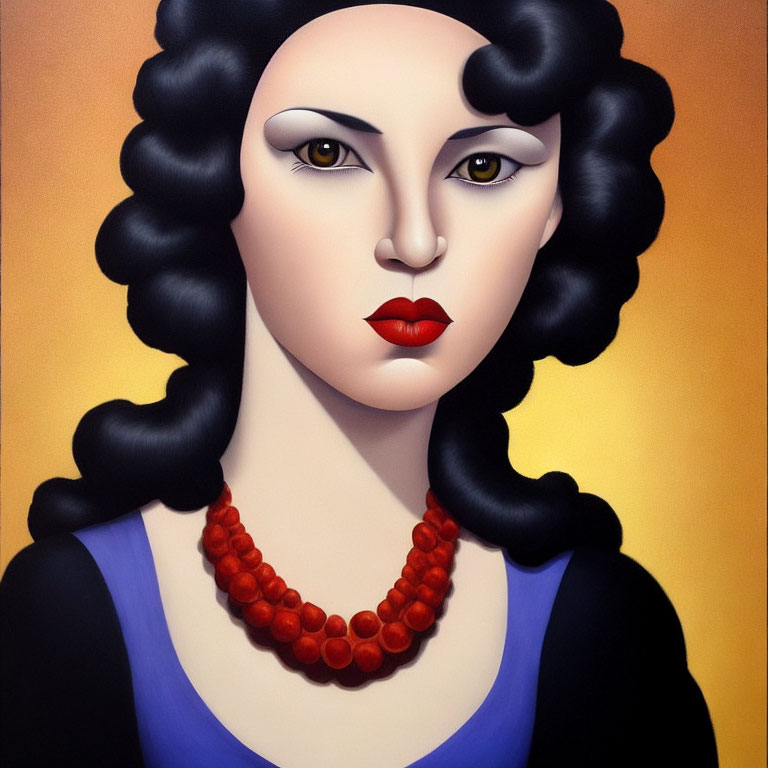 Stylized portrait of woman with black hair, striking makeup, red lips, large eyes, blue