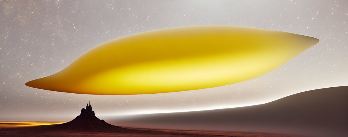 Yellow surreal object above desert landscape with solitary peak