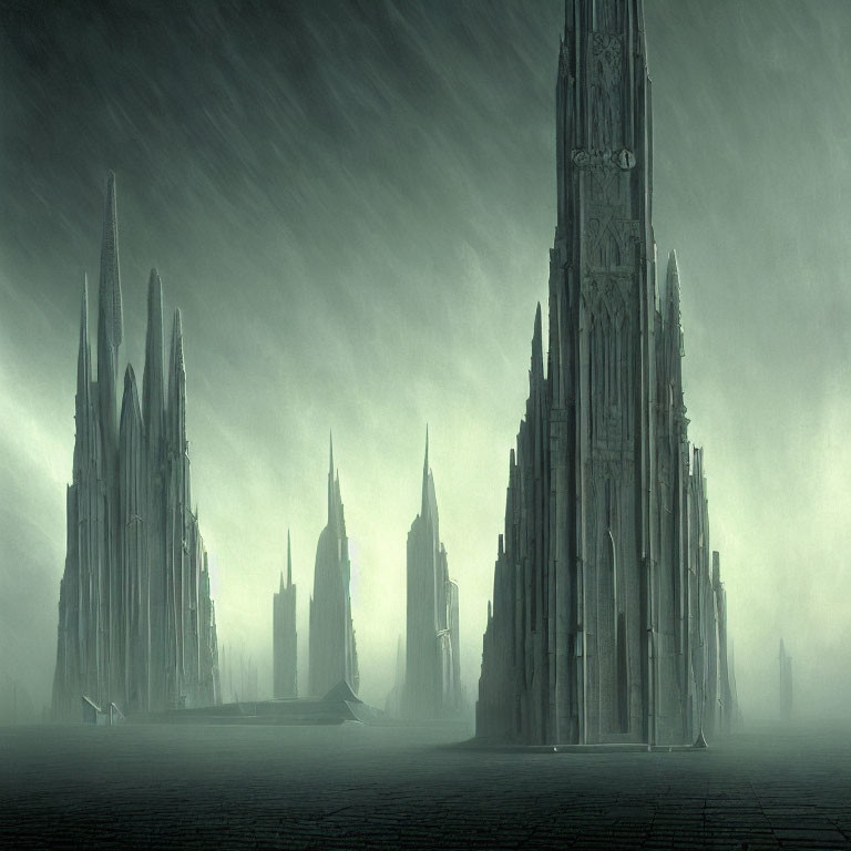 Dark, moody landscape with spire-like structures in rainstorm