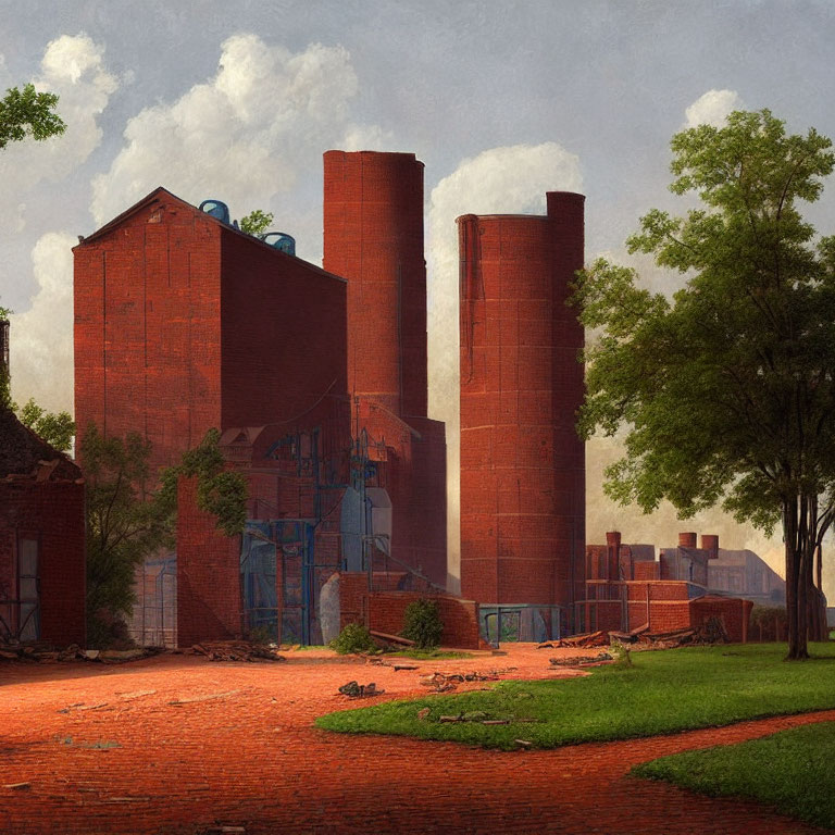 Rustic industrial landscape with red brick smokestacks and dilapidated buildings.