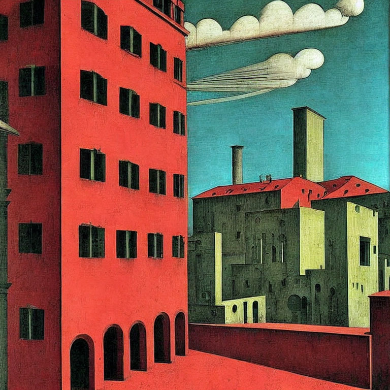 Surrealist painting of red and gray buildings with stylized clouds