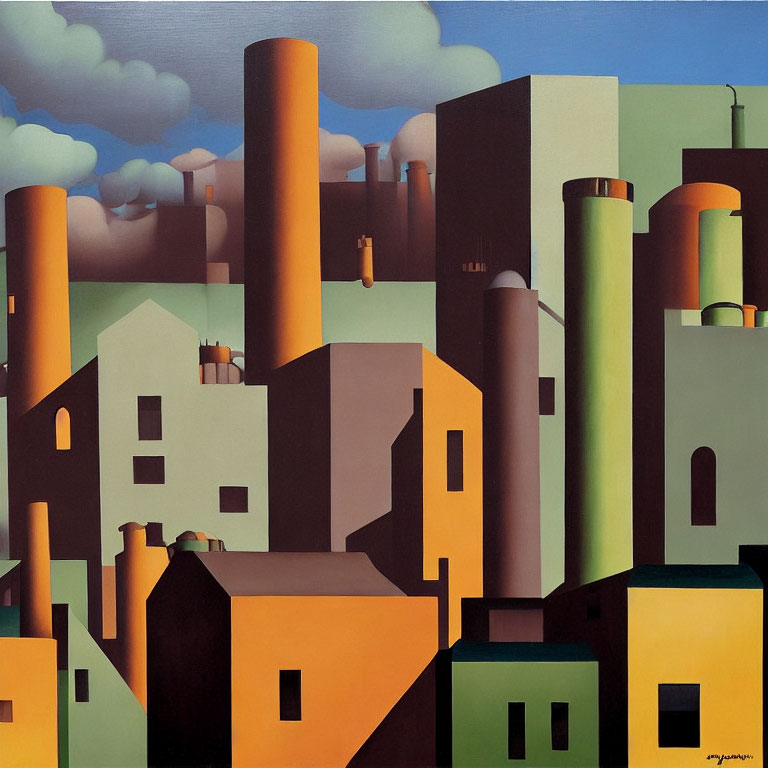 Geometric industrial landscape painting with smokestacks and blue sky