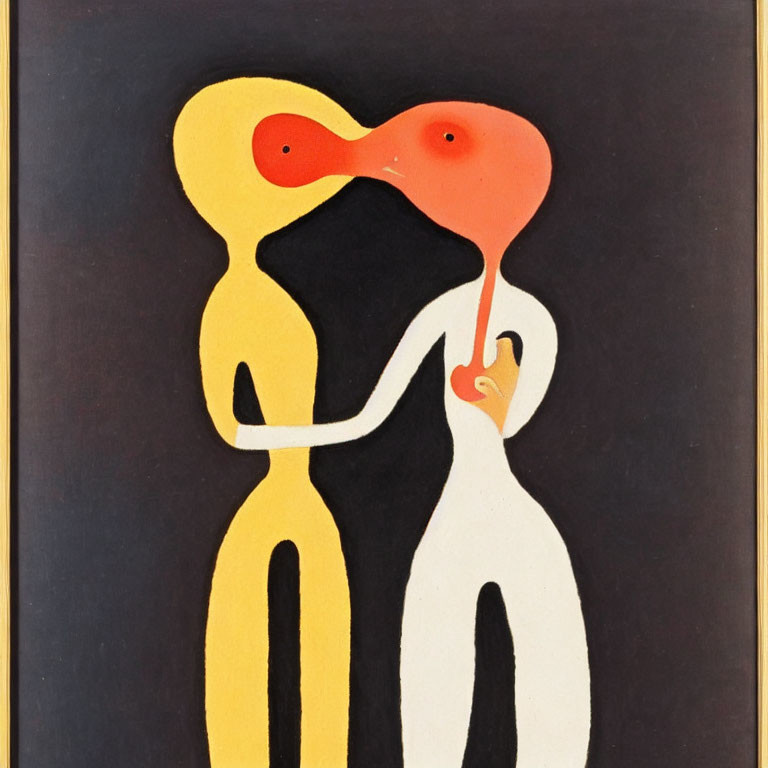 Abstract art: Two elongated figures in yellow and white with red features on black.